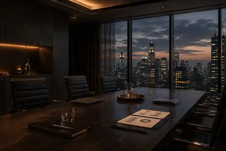 Executive boardroom overlooking a downtown skyline